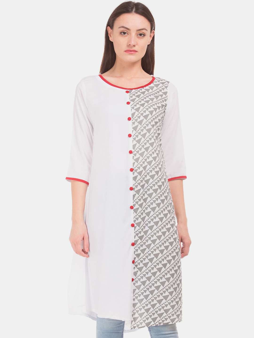 

Karigari Women White Geometric Printed A-Line Kurta