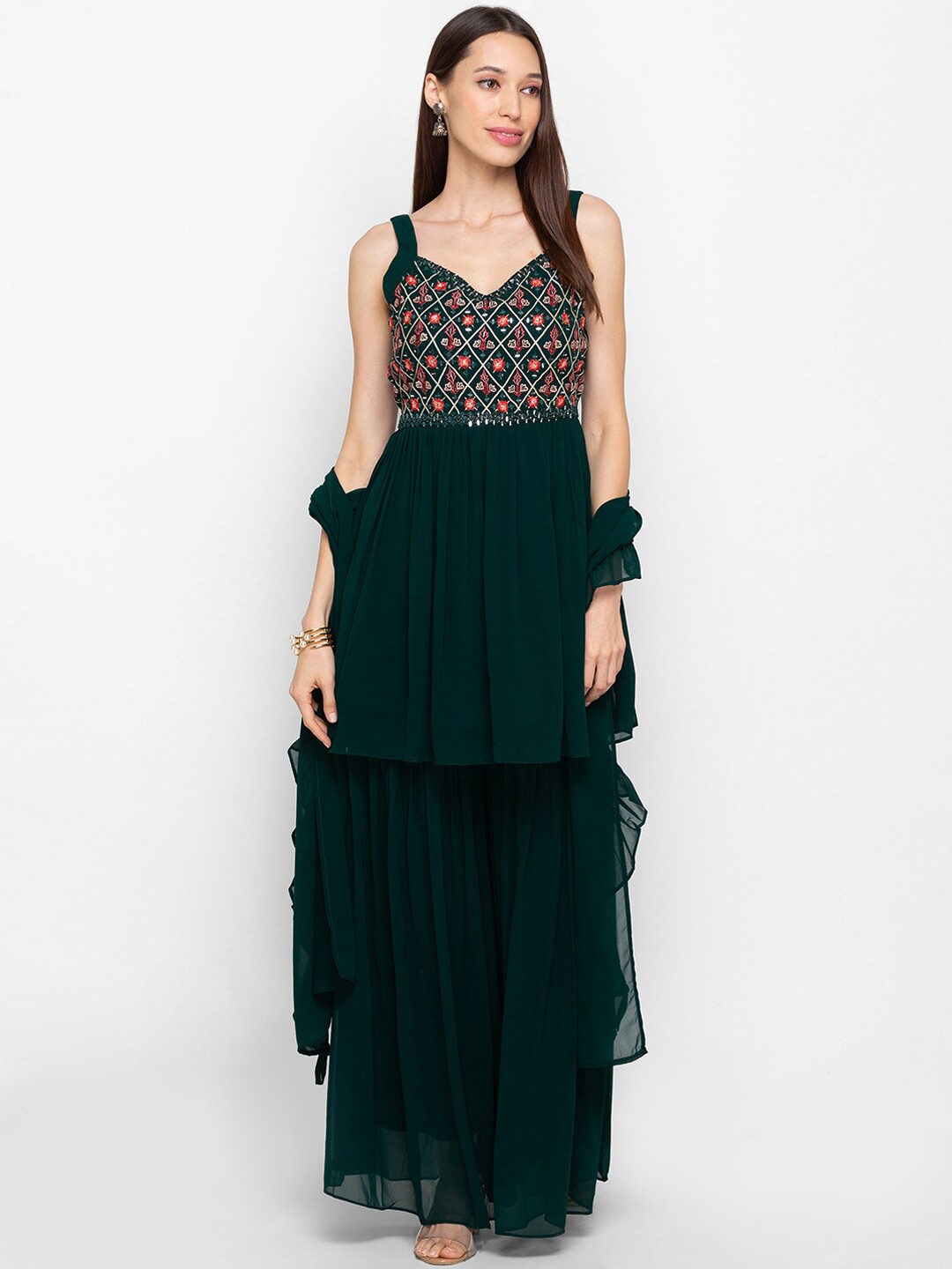 

ZOLA Women Green Floral Embroidered Beads and Stones Kurta with Palazzos & With Dupatta