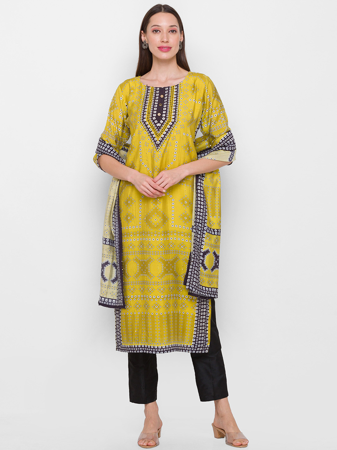 

ZOLA Women Yellow Printed Kurta with Trousers & With Dupatta