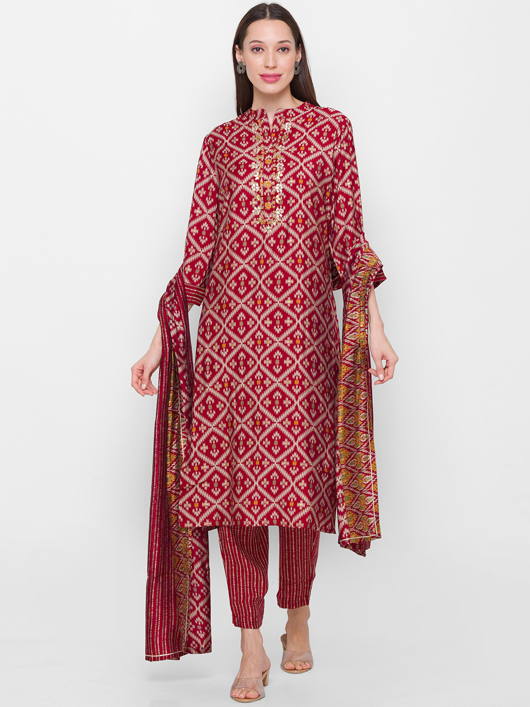 

ZOLA Women Maroon & Beige Printed Kurta with Trousers & With Dupatta