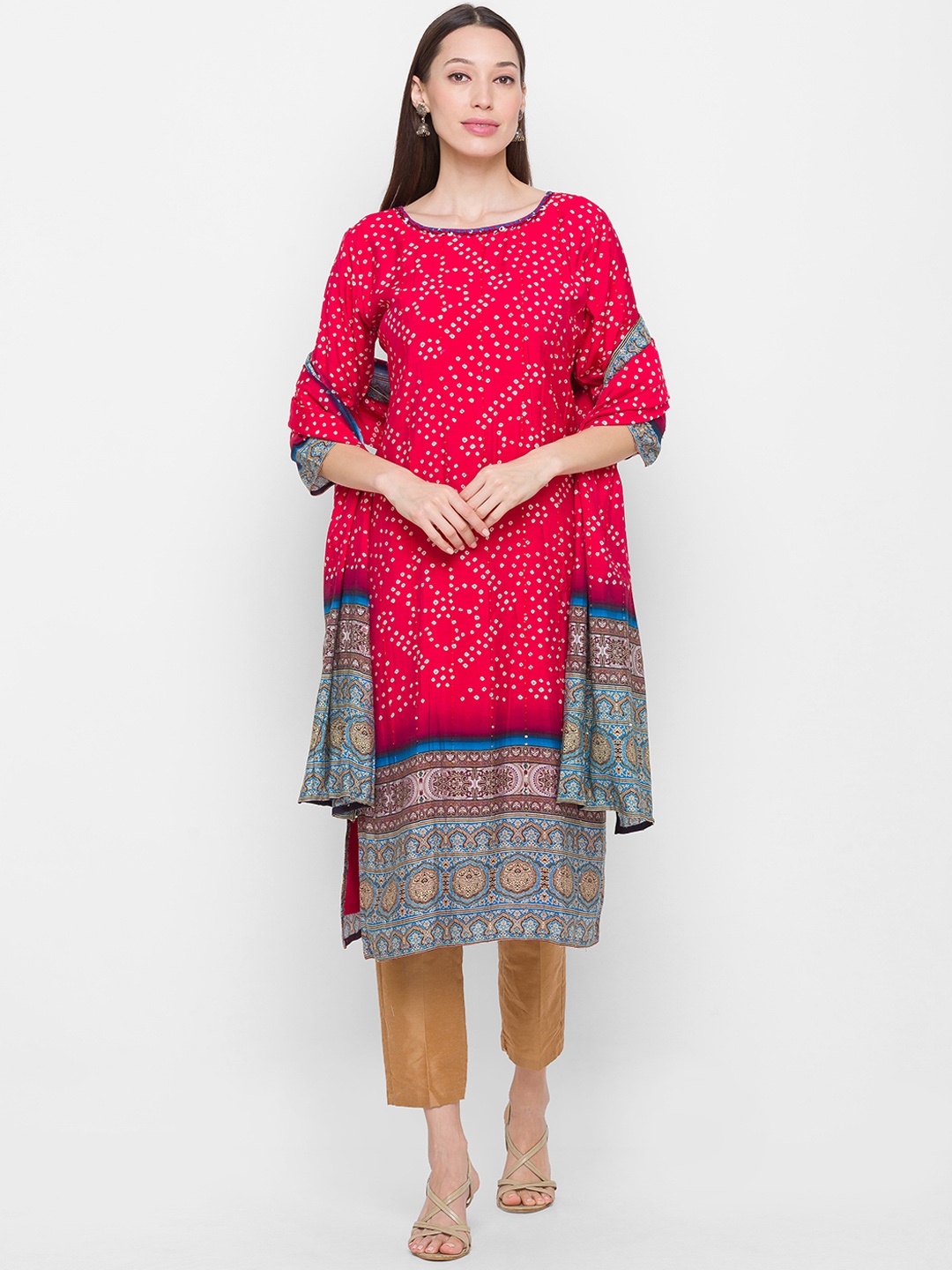 

ZOLA Women Coral Bandhani Printed Kurta with Trousers & With Dupatta