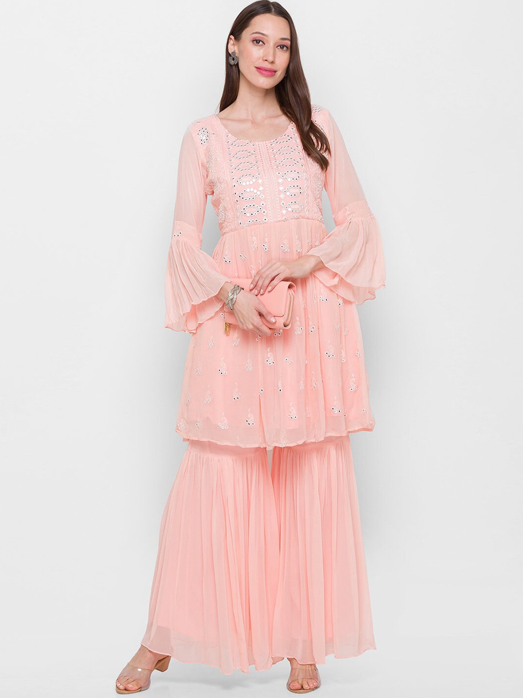 

ZOLA Women Peach-Coloured Embroidered Mirror Work Kurta with Sharara