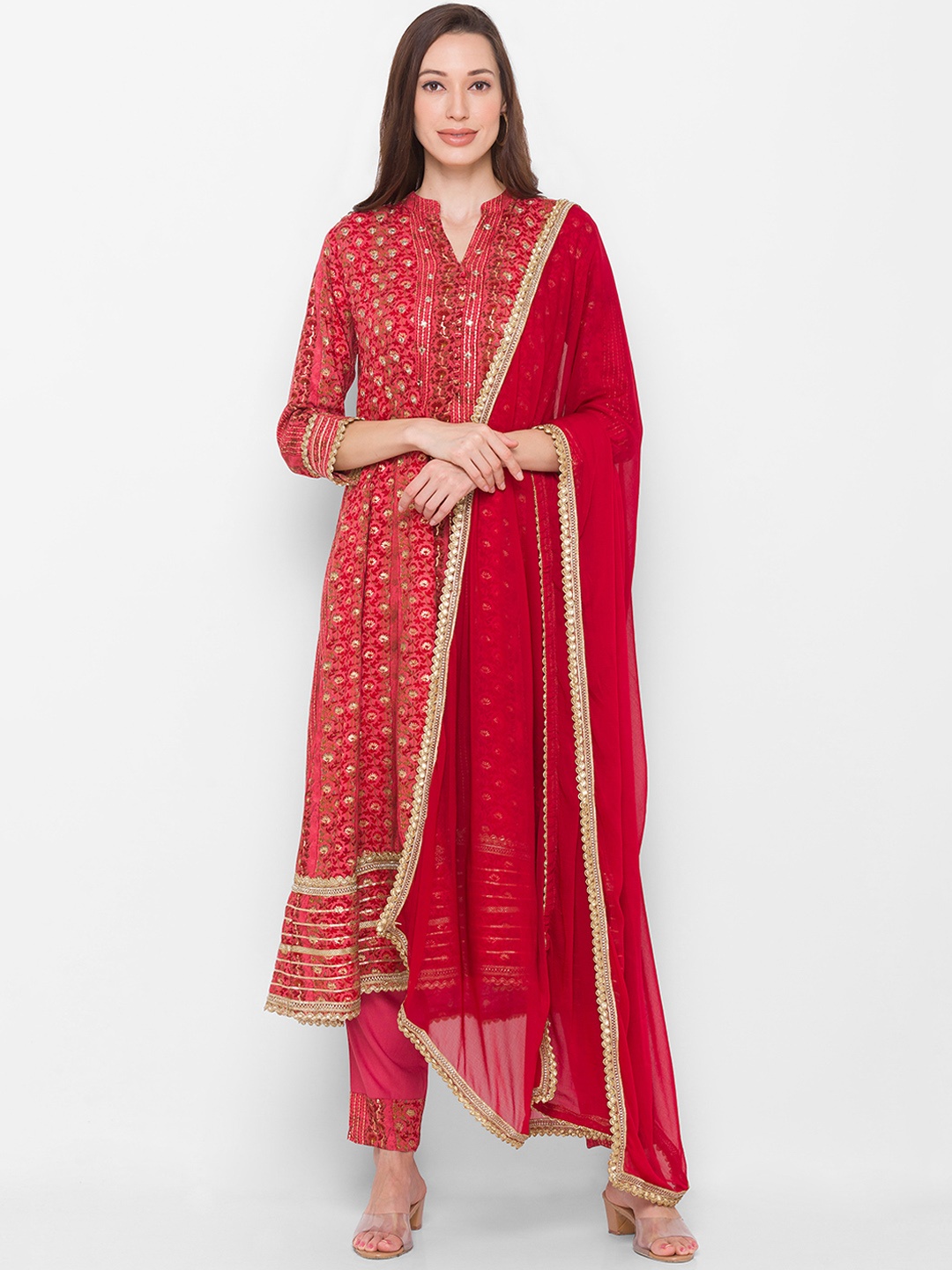

ZOLA Women Red & Pink Floral Printed Mirror Work Kurta with Trousers & Dupatta