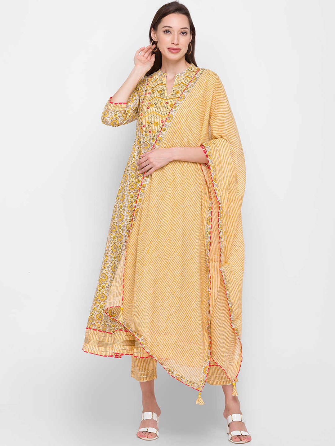 

ZOLA Women Yellow Striped Pure Cotton Kurta with Palazzos