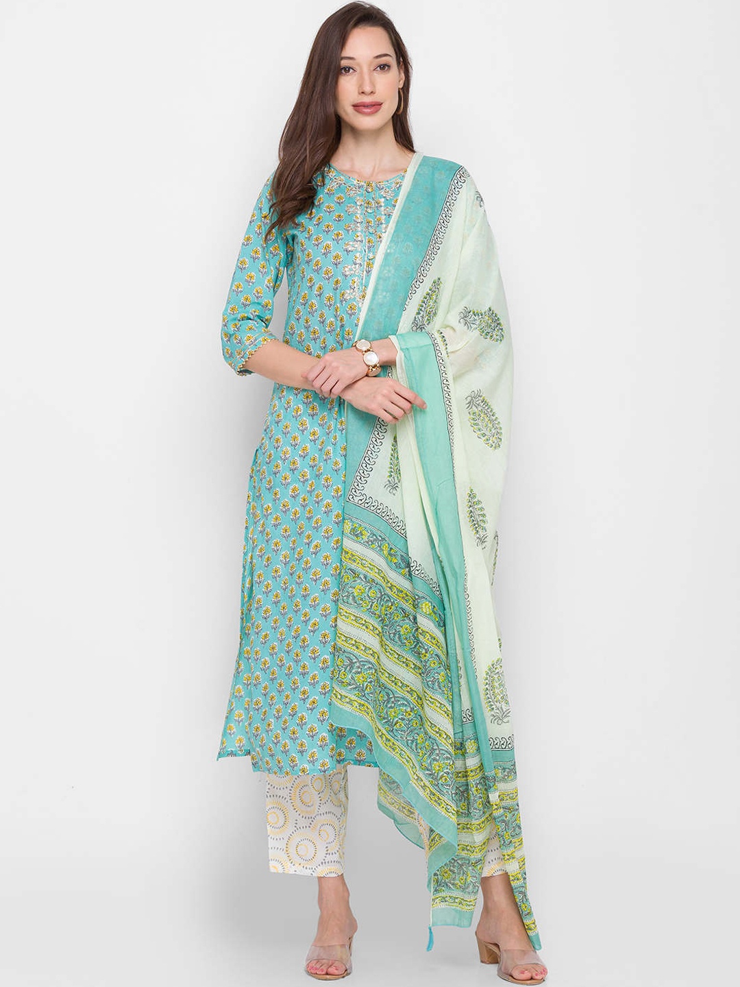 

ZOLA Women Teal Printed Pure Cotton Kurta with Trousers & With Dupatta