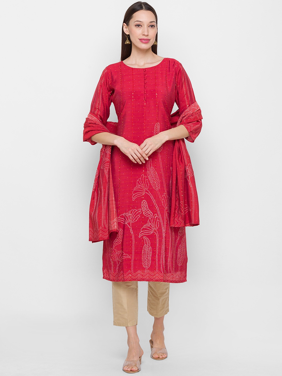 

ZOLA Women Coral Floral Embroidered Sequinned Kurta with Trousers With Dupatta