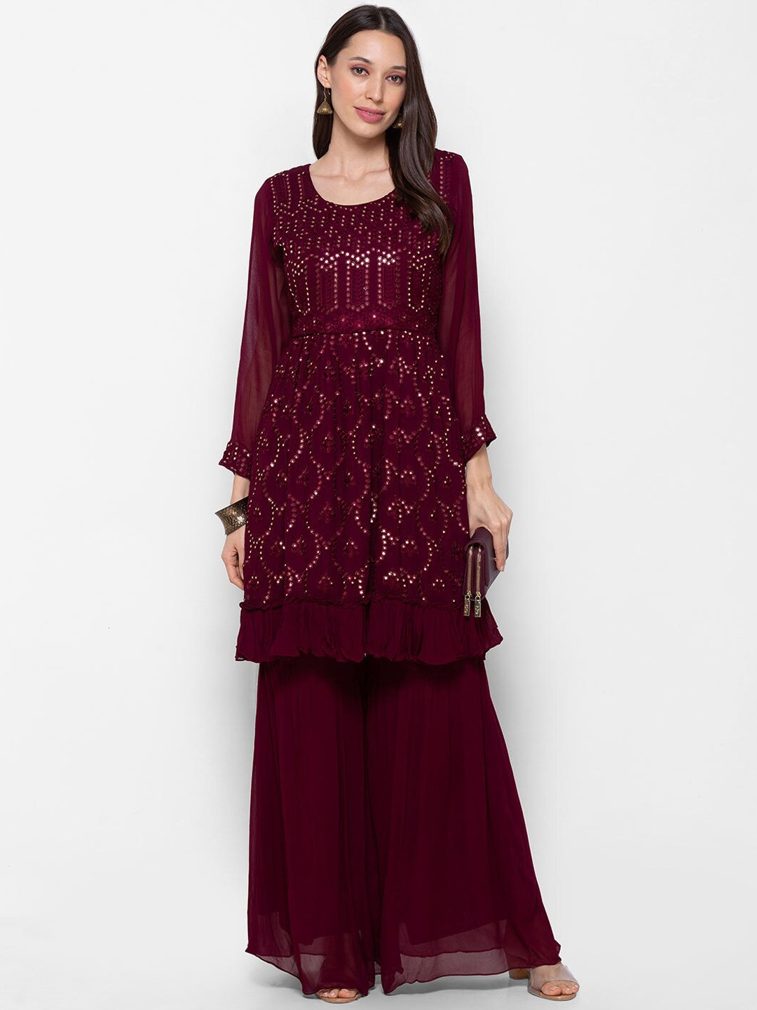 

ZOLA Women Burgundy Ethnic Motifs Embroidered Mirror Work Kurta with Palazzos