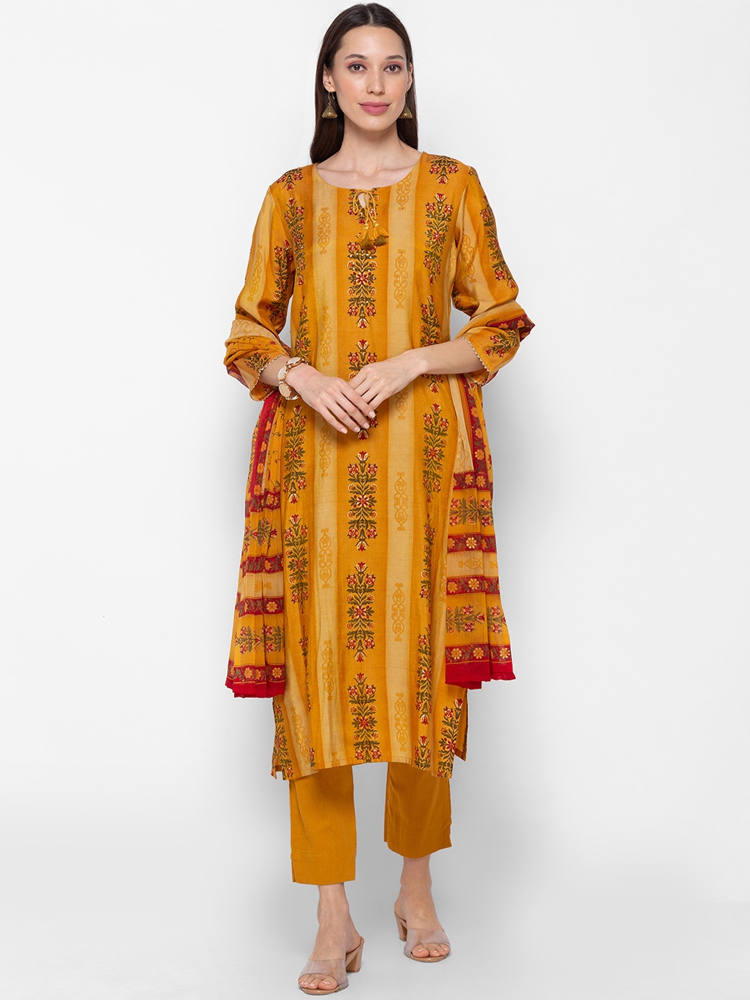 

ZOLA Women Mustard Yellow Floral Printed Kurta with Trousers & With Dupatta