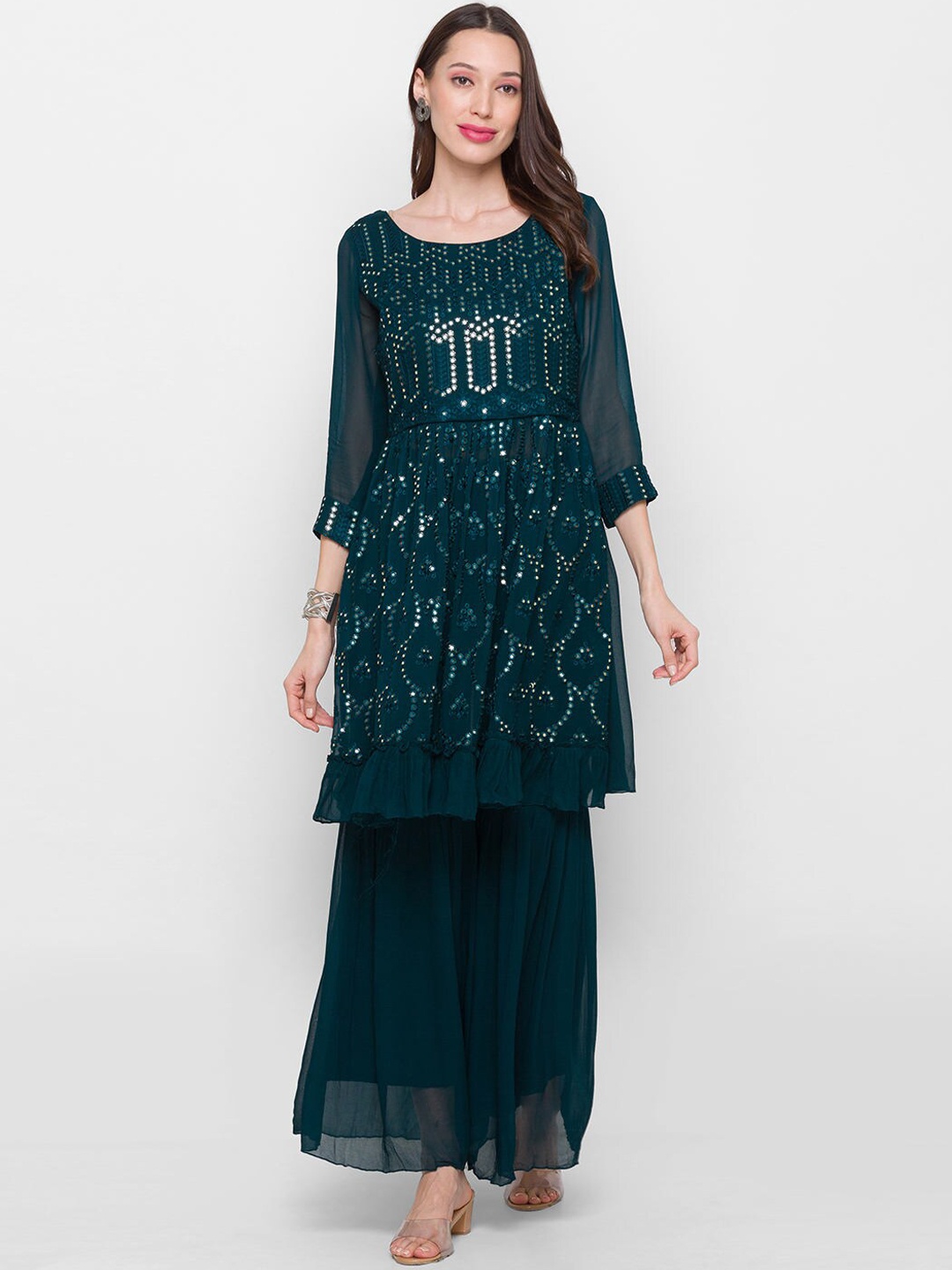 

ZOLA Women Teal Embroidered Empire Mirror Work Kurta with Sharara