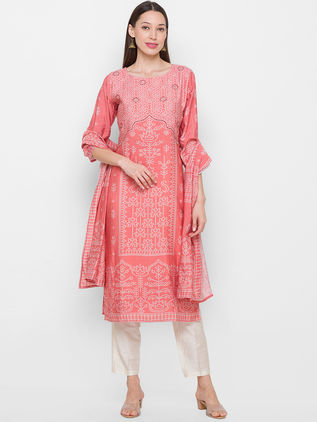 

ZOLA Women Pink Bandhani Printed Kantha Work Kurta with Trousers & With Dupatta