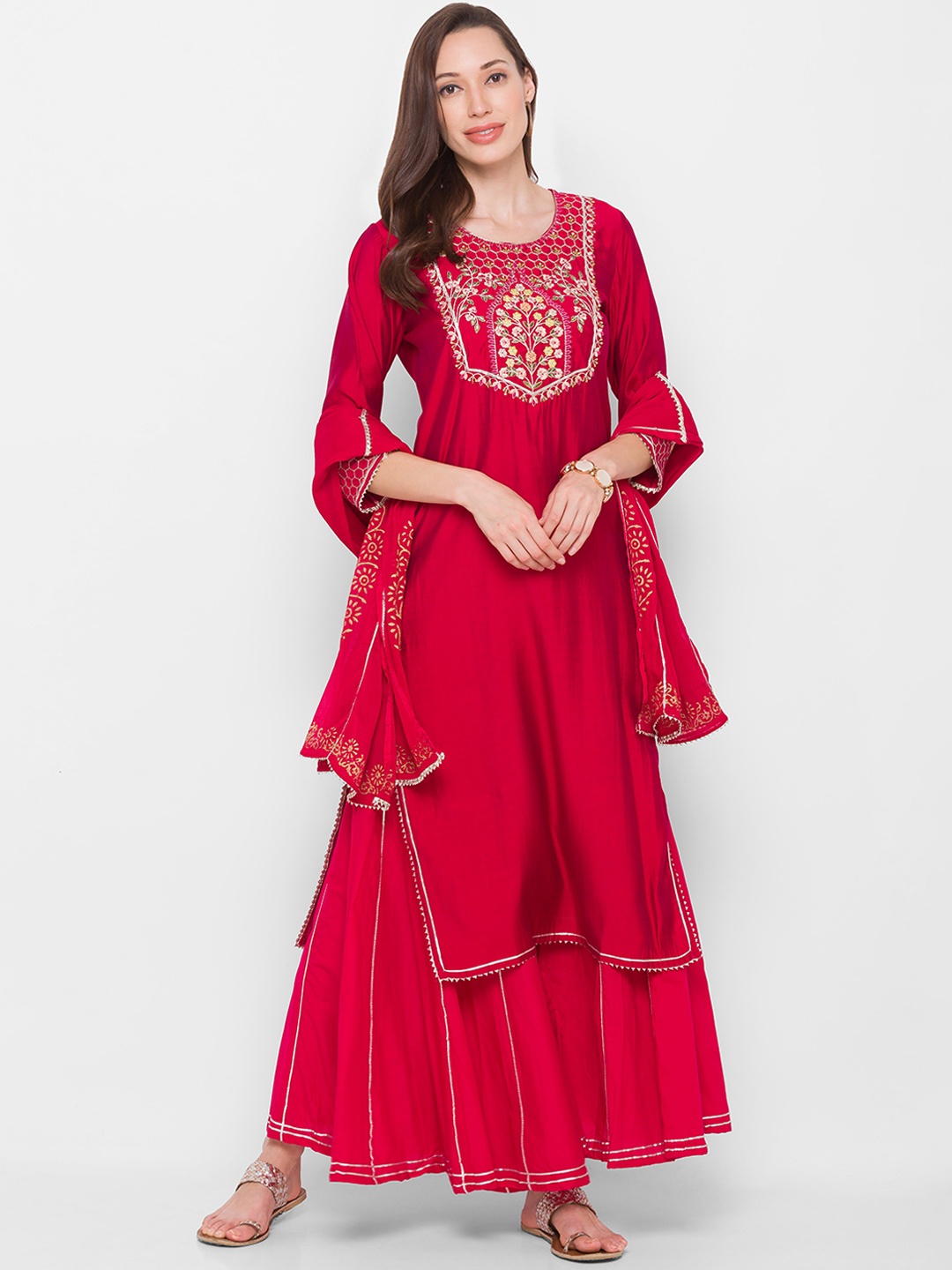 

ZOLA Women Red Floral Yoke Embroidered Kurta with Palazzos & Dupatta