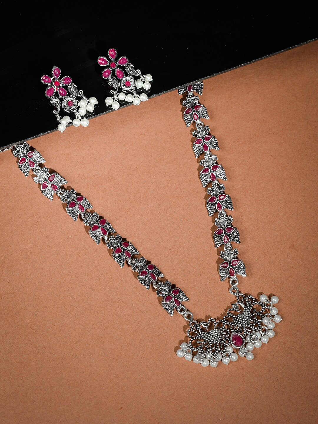 

Silvermerc Silver Pink Stone Studded Silver Plated Oxidised Jewellery Set