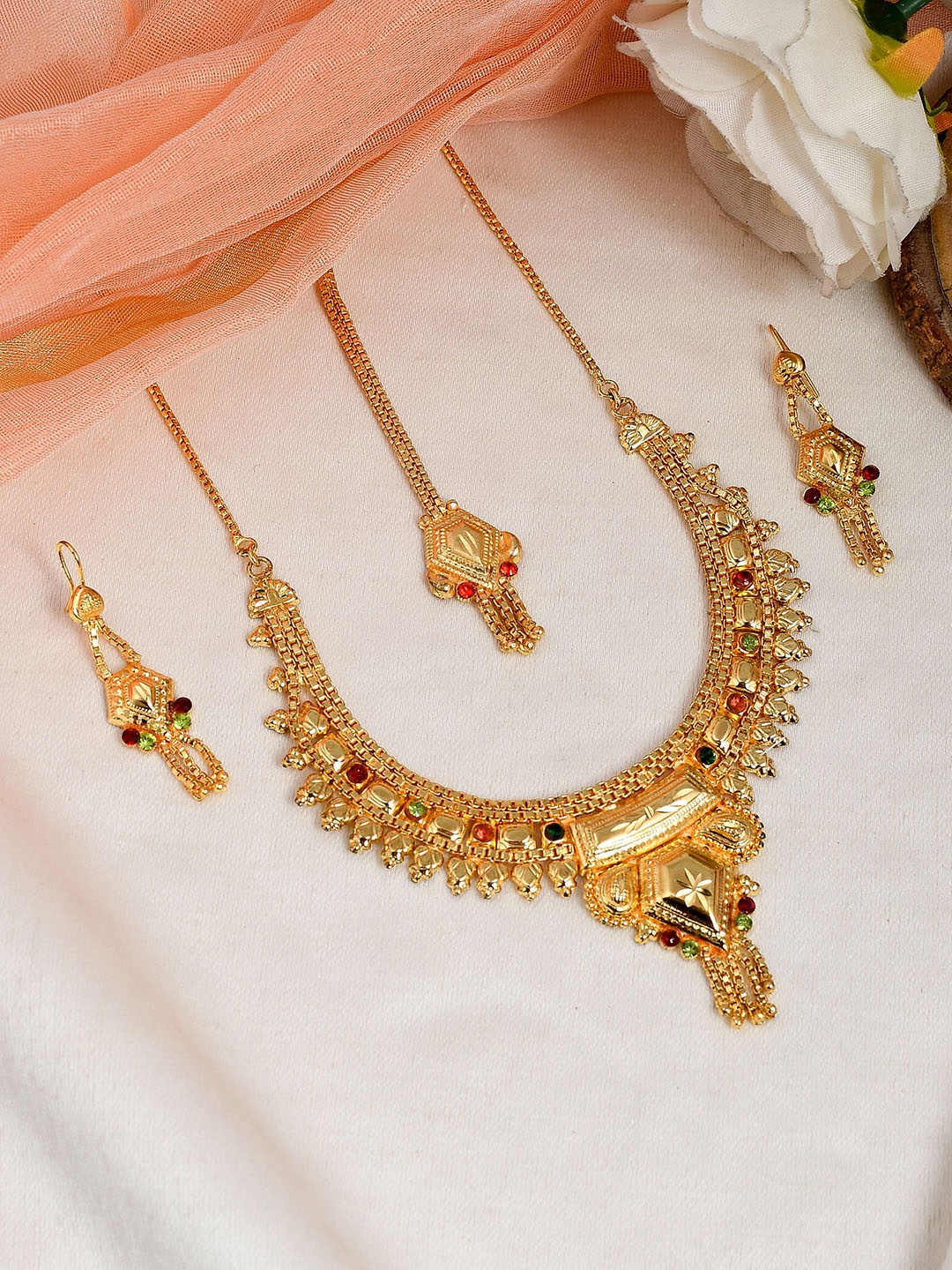 

Silvermerc Designs Gold-Plated Green & Red Stone-Studded Jewellery Set