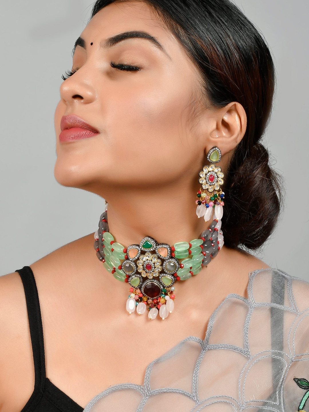 

Silvermerc Designs Gold-Plated Green & Red Stone-Studded Beaded Jadau Jewellery Set