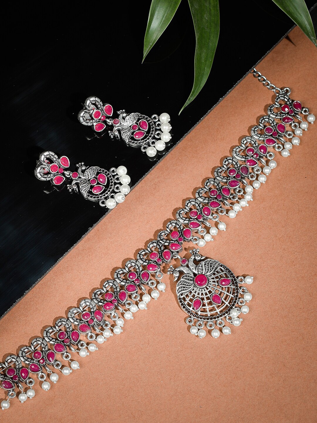 

Silvermerc Designs Oxidised Silver-Plated Pink Stone Studded Jewellery Set