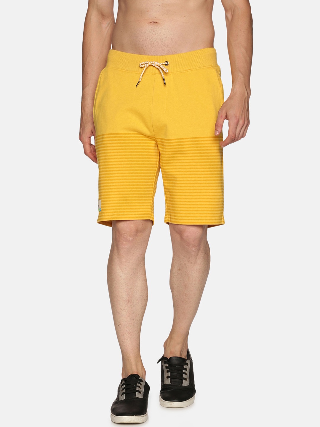 

UrGear Men Yellow Striped Regular Pure Cotton Training or Gym Shorts