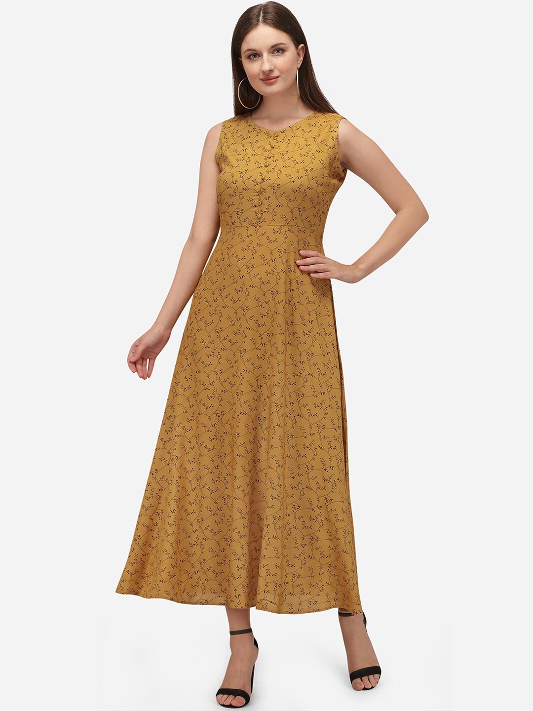 

KALINI Women Mustard Yellow & Black Floral Printed Kantha Work Floral Kurta