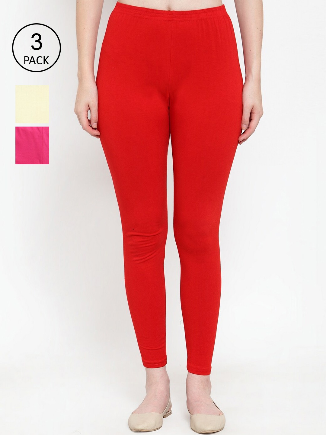 

Jinfo Women Pack Of 3 Solid Ankle Length Leggings, Red