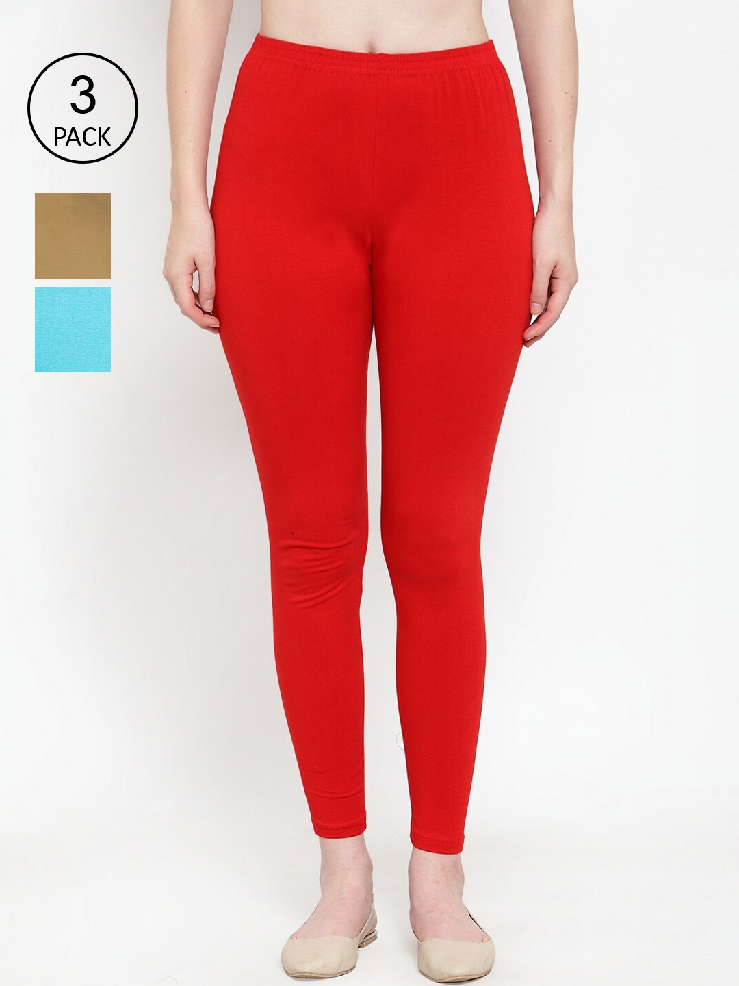 

Jinfo Women Red & Blue Pack Of 3 Solid Ankle Length Leggings