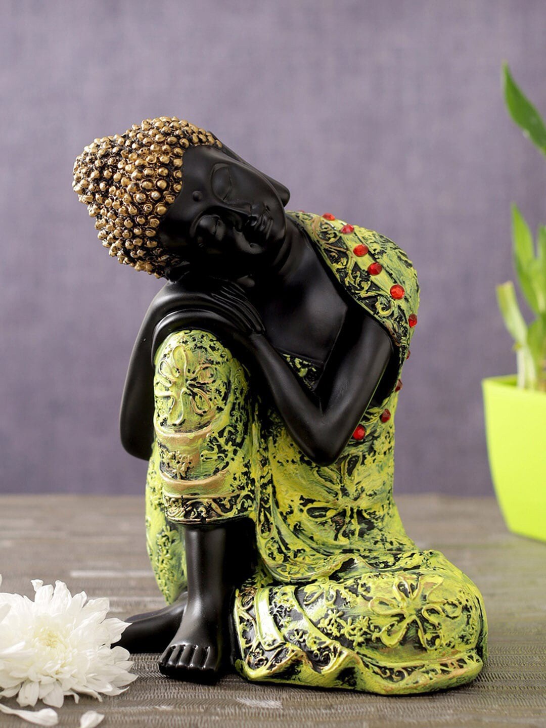 

TIED RIBBONS Green & Black Polyresin Lord Buddha Idol Showpiece