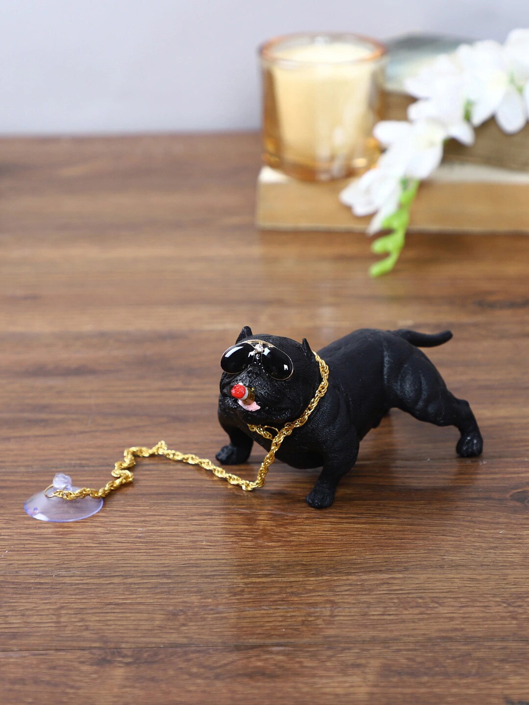 

TIED RIBBONS Black & Gold-Toned Bulldog With Chain Figurine Showpiece