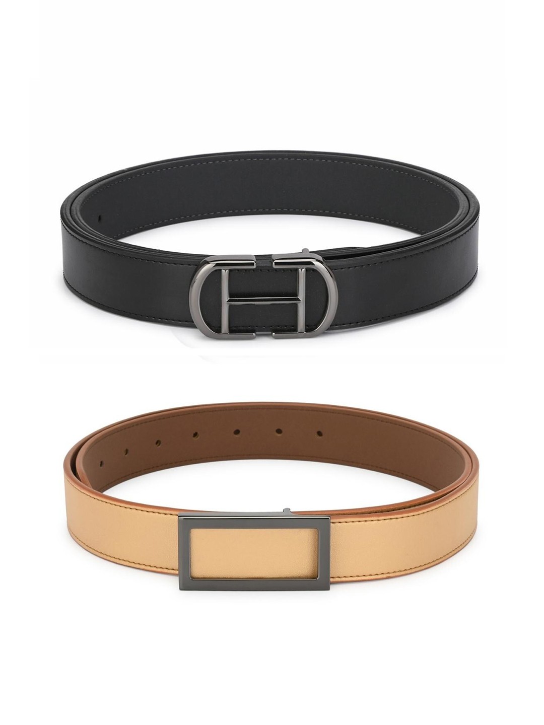 

Calvadoss Men Black & Beige Set Of 2 Leather Finish PU Belt