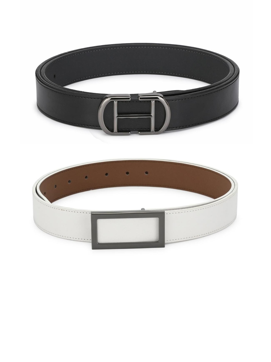 

Calvadoss Men Set Of 2 Black & White Solid Leather Belts