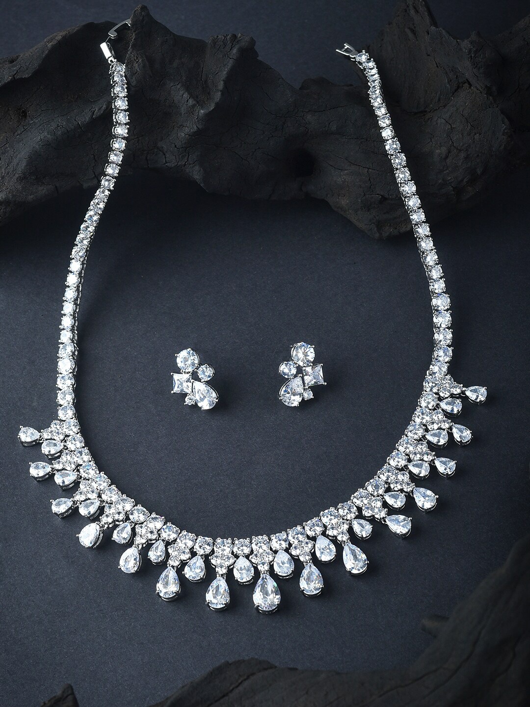 

Yellow Chimes Rhodium-Plated Silver-Toned & White CZ-Studded Jewellery Set