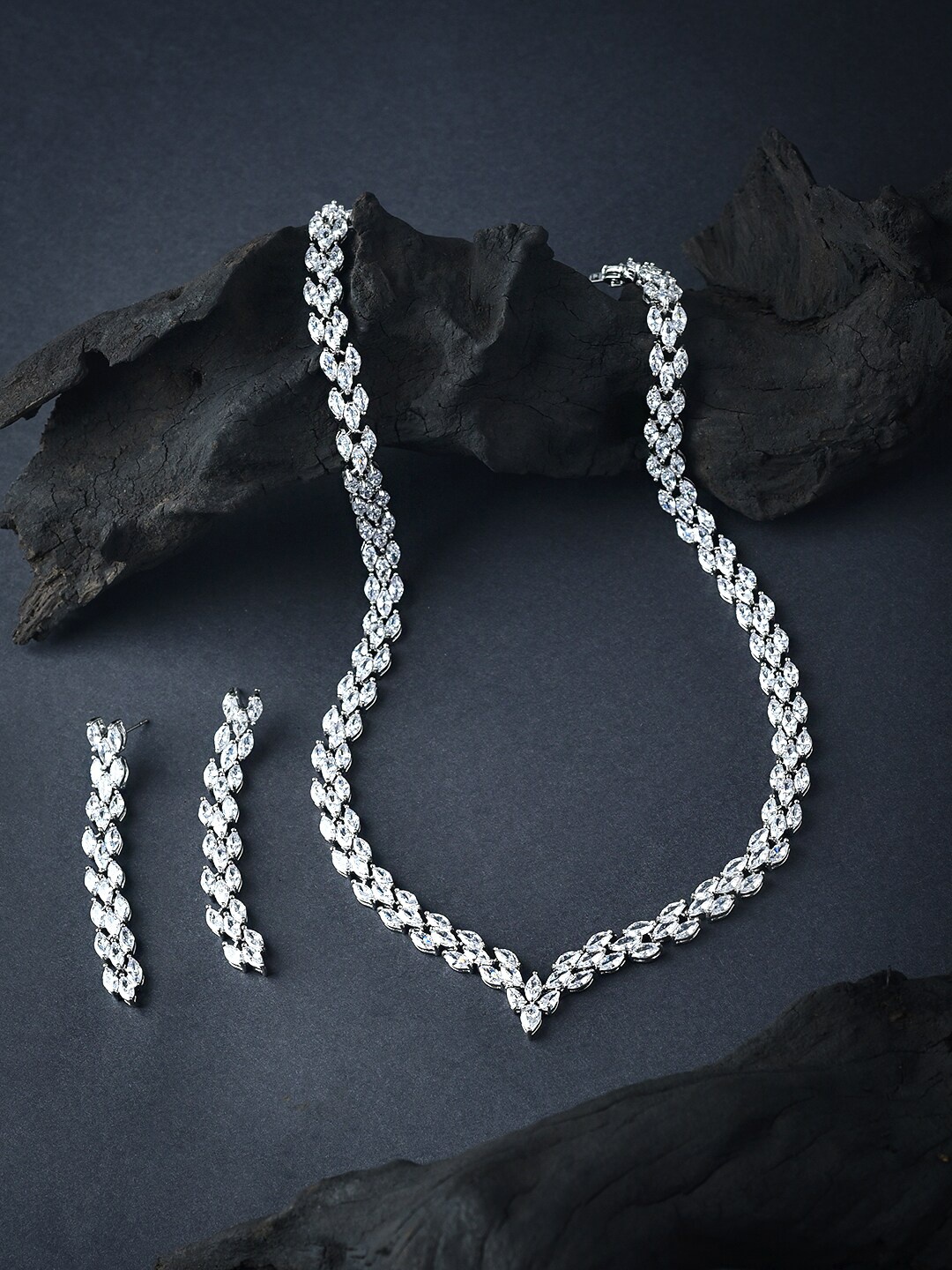 

Yellow Chimes Rhodium-Plated & Cubic Zirconia Stone Studded Jewellery Set, Silver