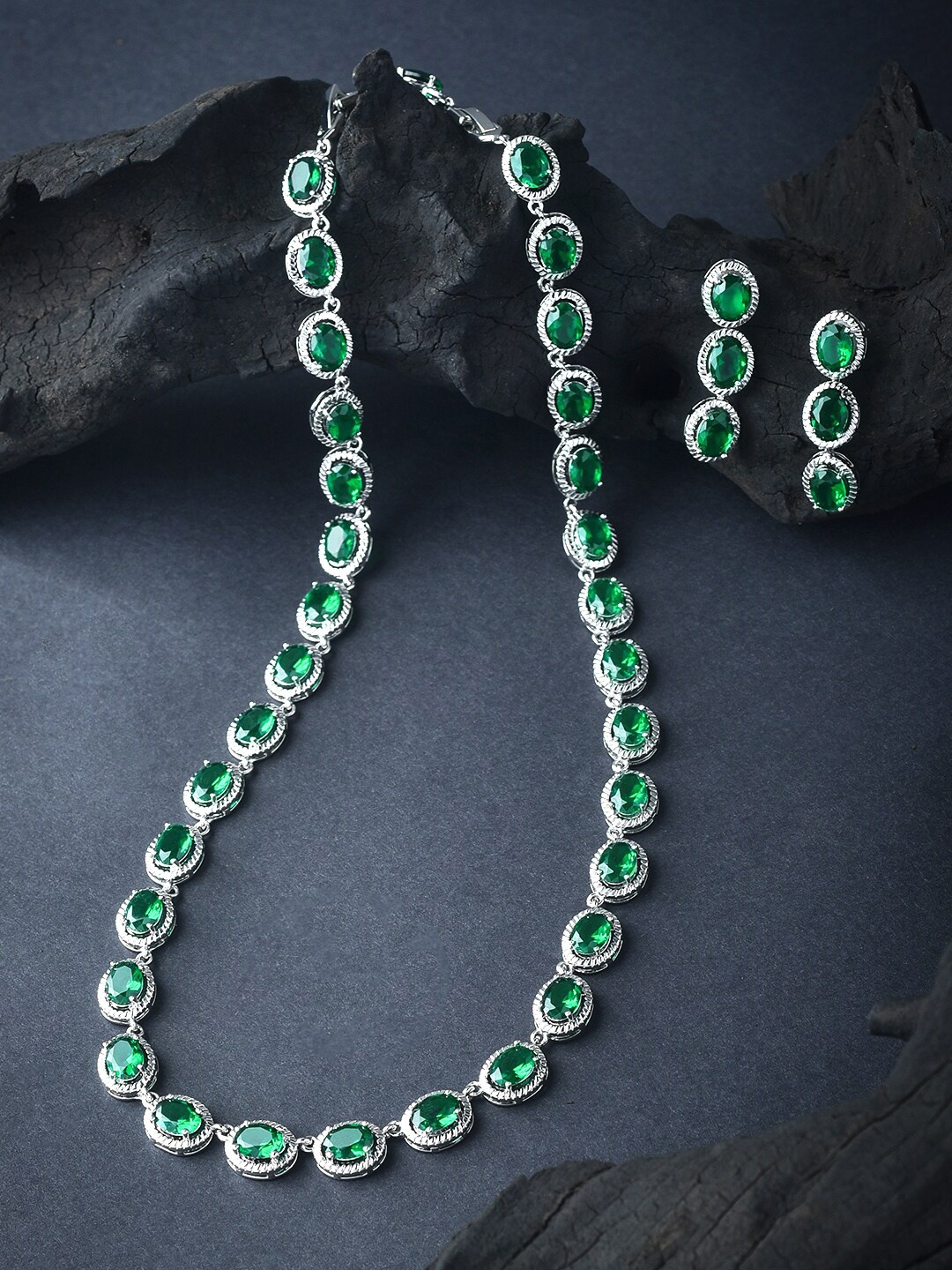 

Yellow Chimes Rhodium-Plated Green & White CZ Studded Jewellery Set