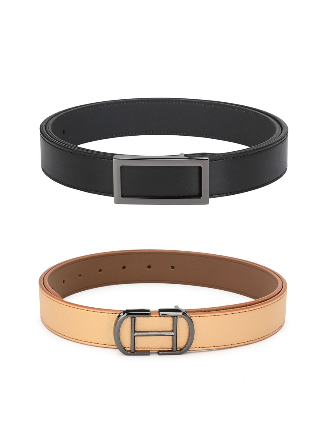 

Calvadoss Men Black & Gold Set Of 2 PU Wide Belt