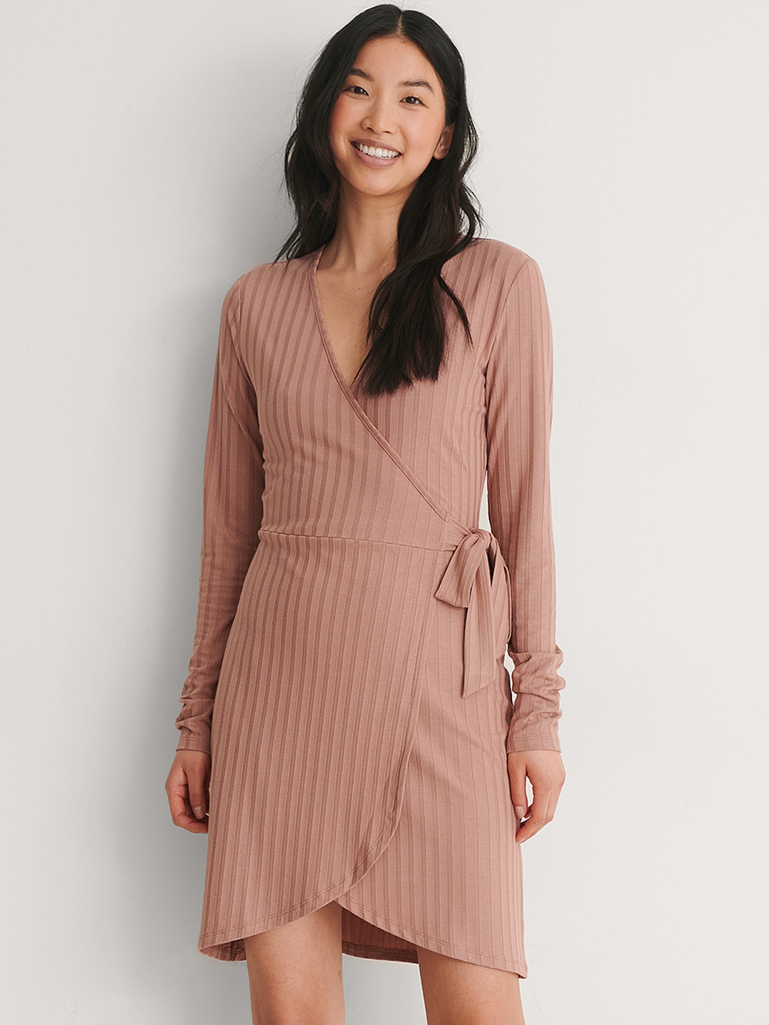 

NA-KD Women Dusty Pink Ribbed Wrap Dress, Rose