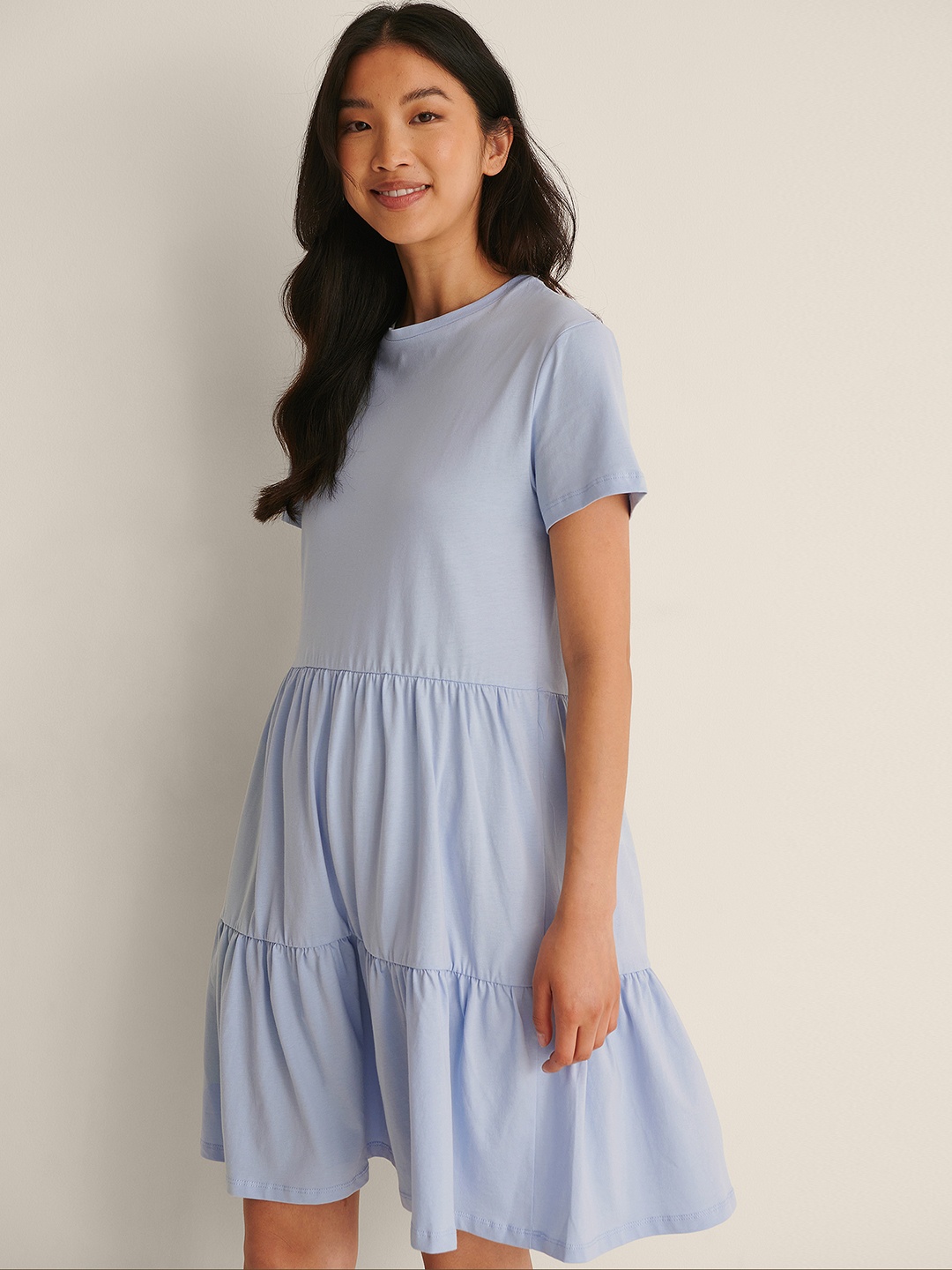 

NA-KD Women Blue Pure Cotton A-Line Tiered Dress