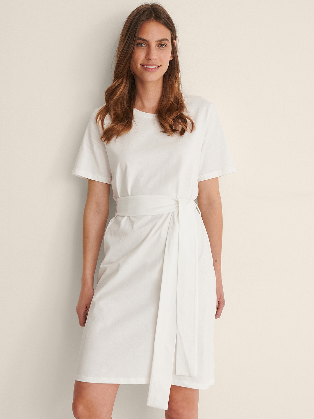 

NA-KD Women White Solid Pure Cotton T-shirt Dress