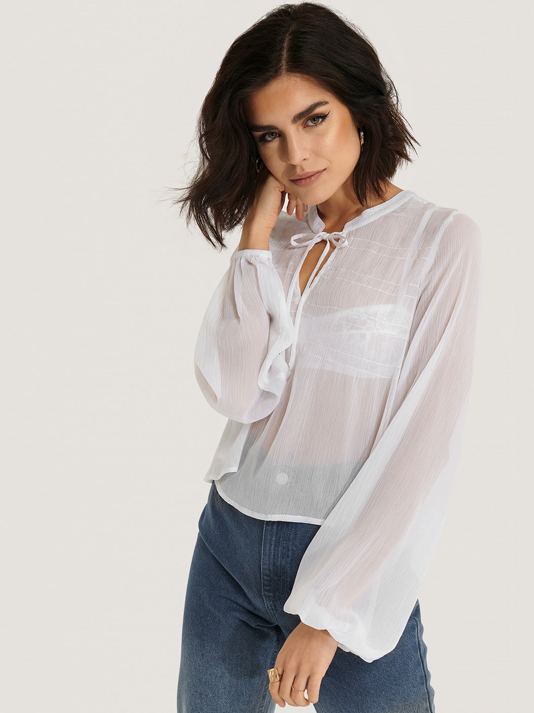 

NA-KD Women White Solid Tie-Up Neck Sheer Top