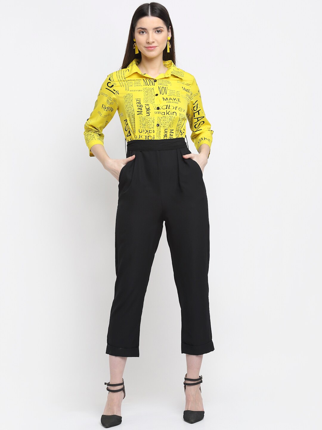 

emeros Yellow & Black Printed Cropped Basic Jumpsuit