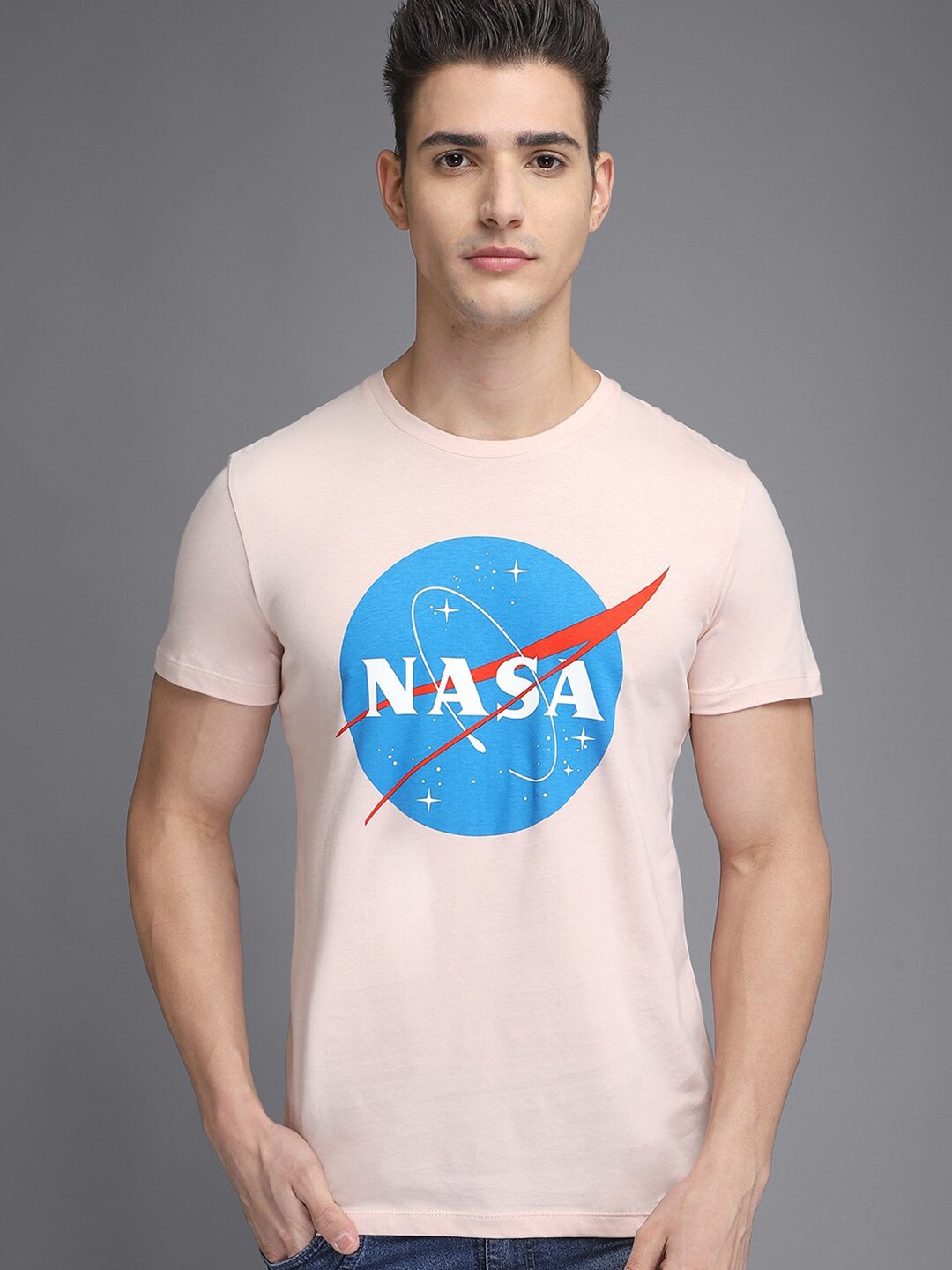 

Free Authority Men Pink & Blue NASA Printed Cotton Round Neck T-shirt