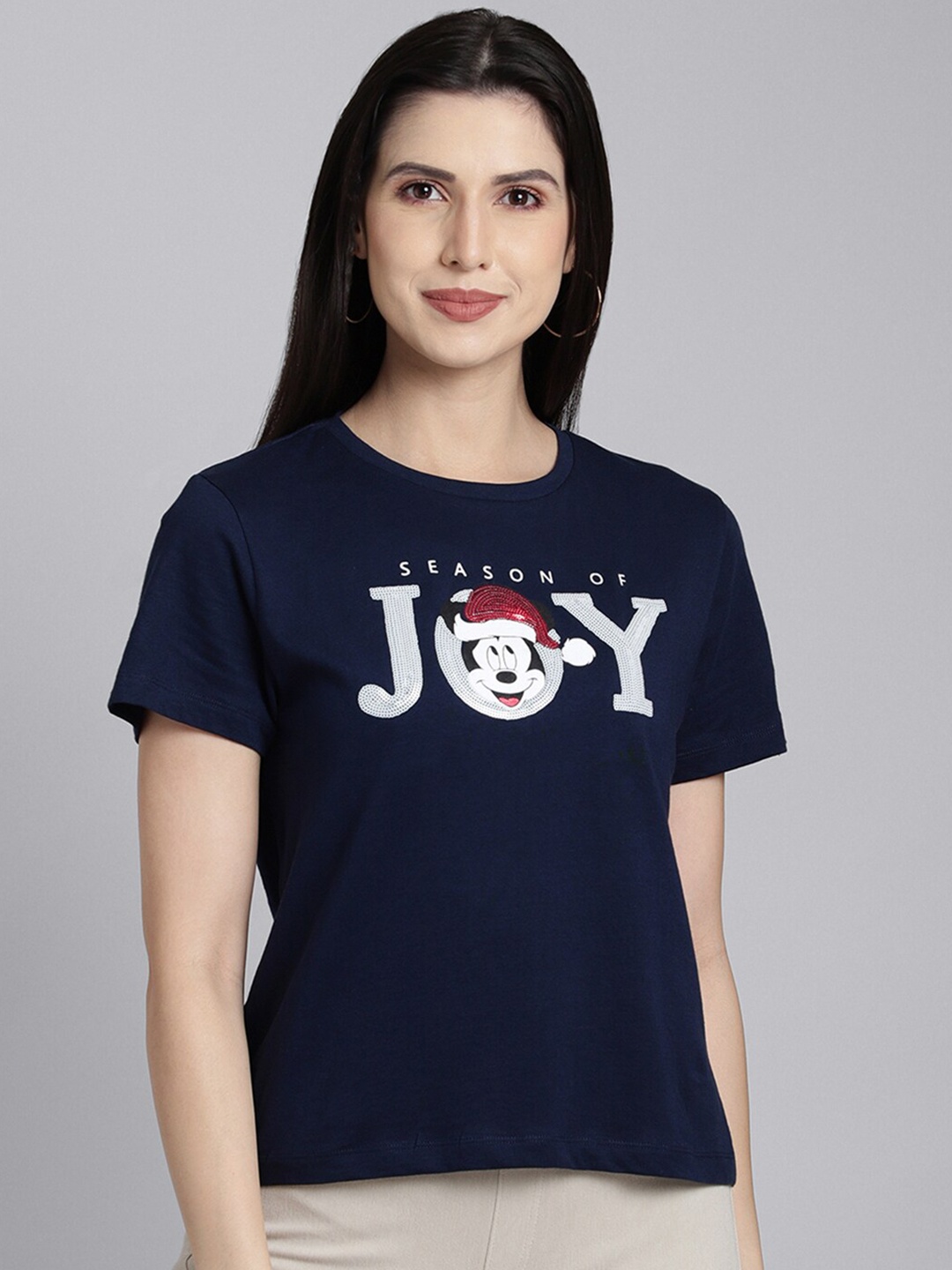 

Free Authority Women Navy Blue & White Mickey & Friends Printed Cotton Round Neck T-shirt