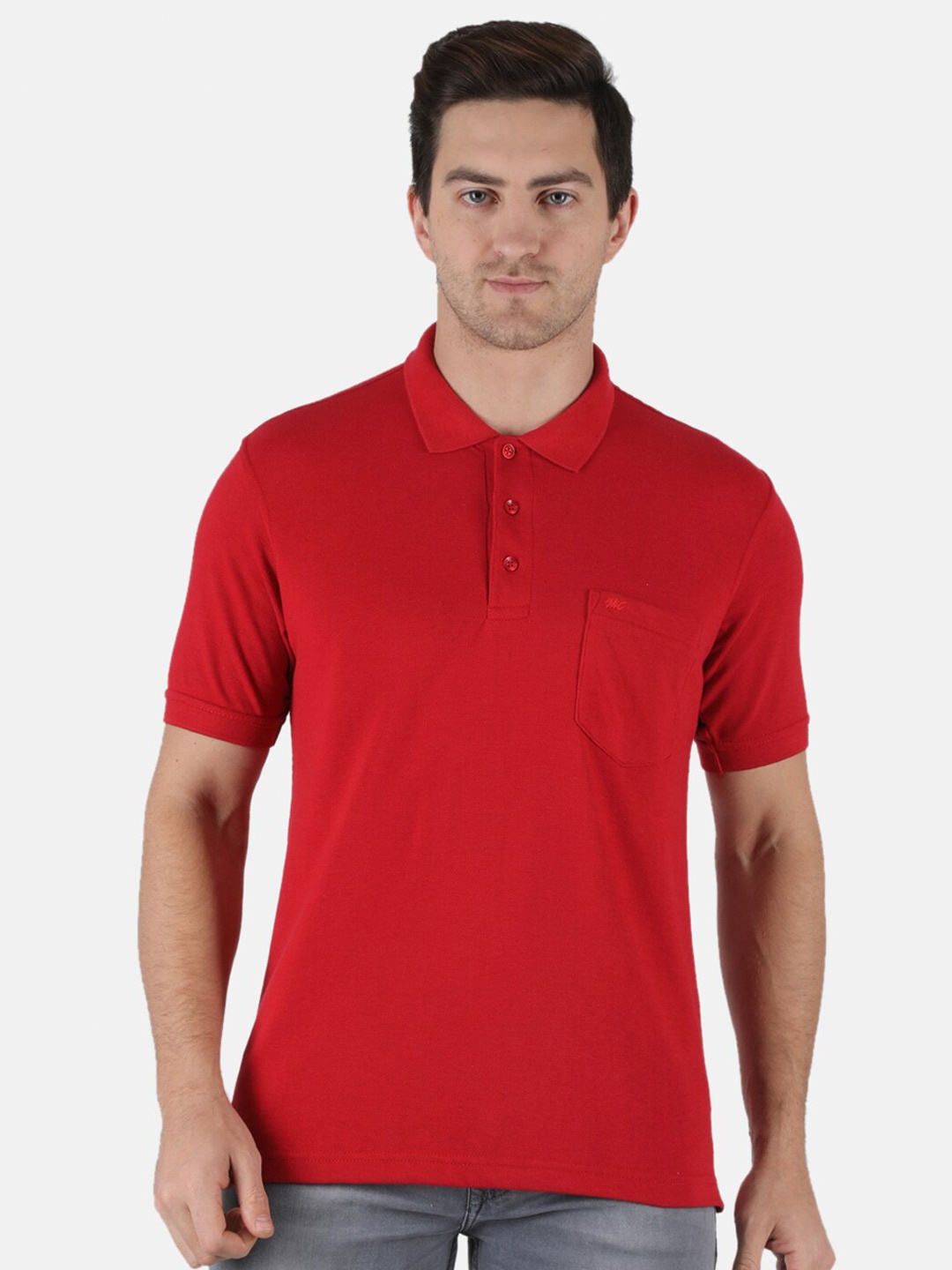 

Monte Carlo Men Red Solid Cotton Polo Collar T-shirt