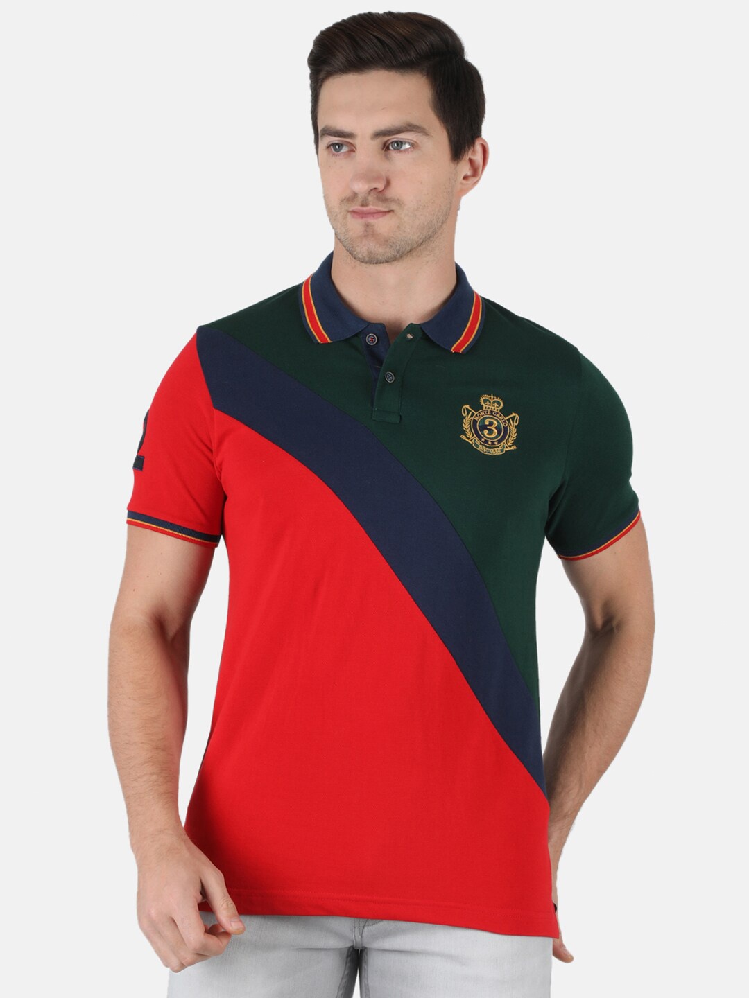 

Monte Carlo Men Colourblocked Polo Collar Cotton Slim Fit T-shirt, Red
