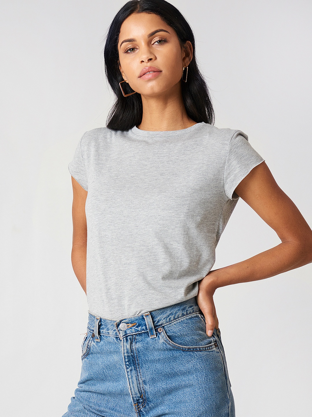 

NA-KD Women Grey Melange Pure Cotton T-shirt