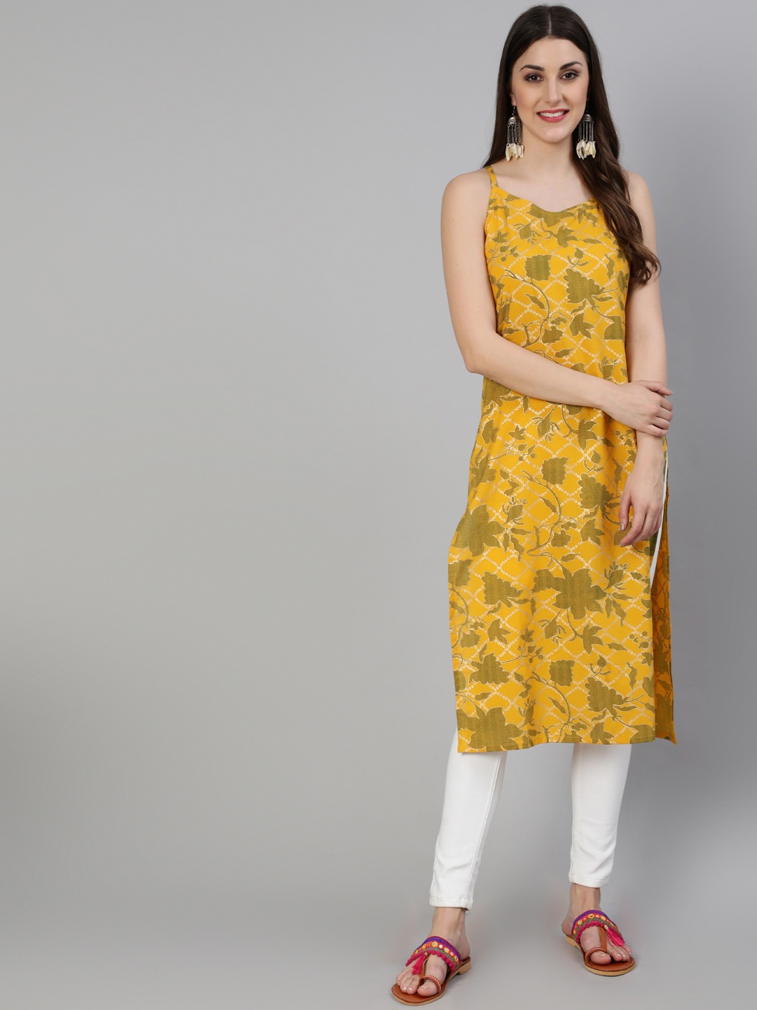 

antaran Women Mustard Yellow Floral Print Pure Cotton Kurta
