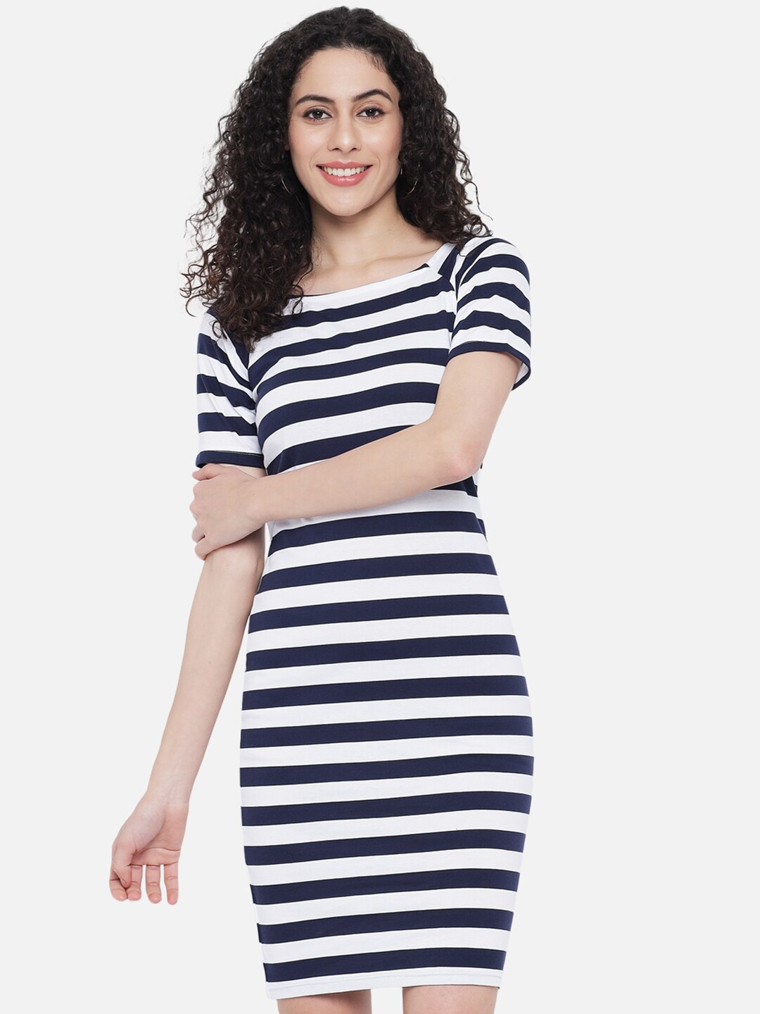 

Trend Arrest White & Navy Blue Striped Cotton Sheath Dress