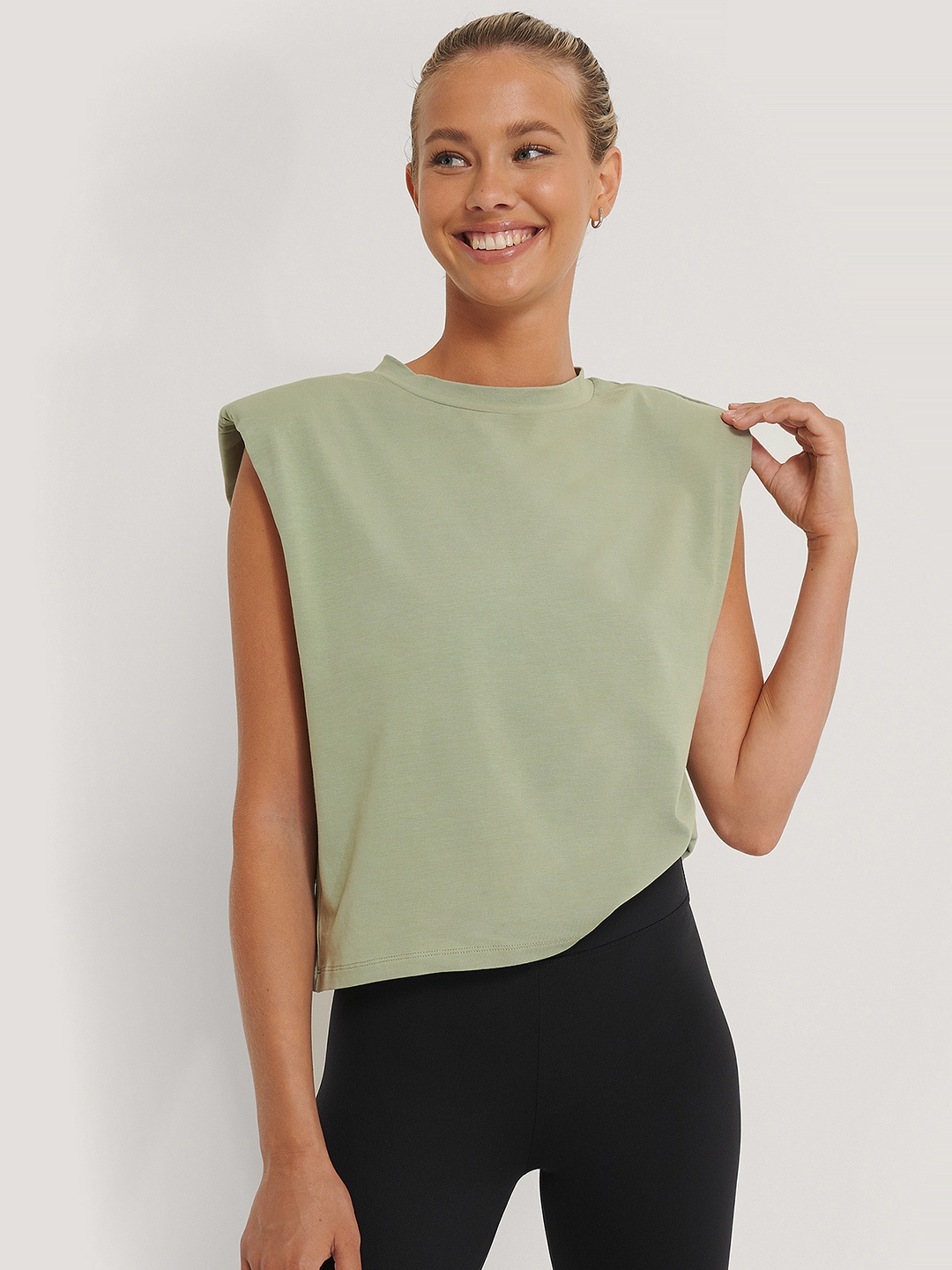 

NA-KD Women Sage Green Solid Padded Shoulder Top