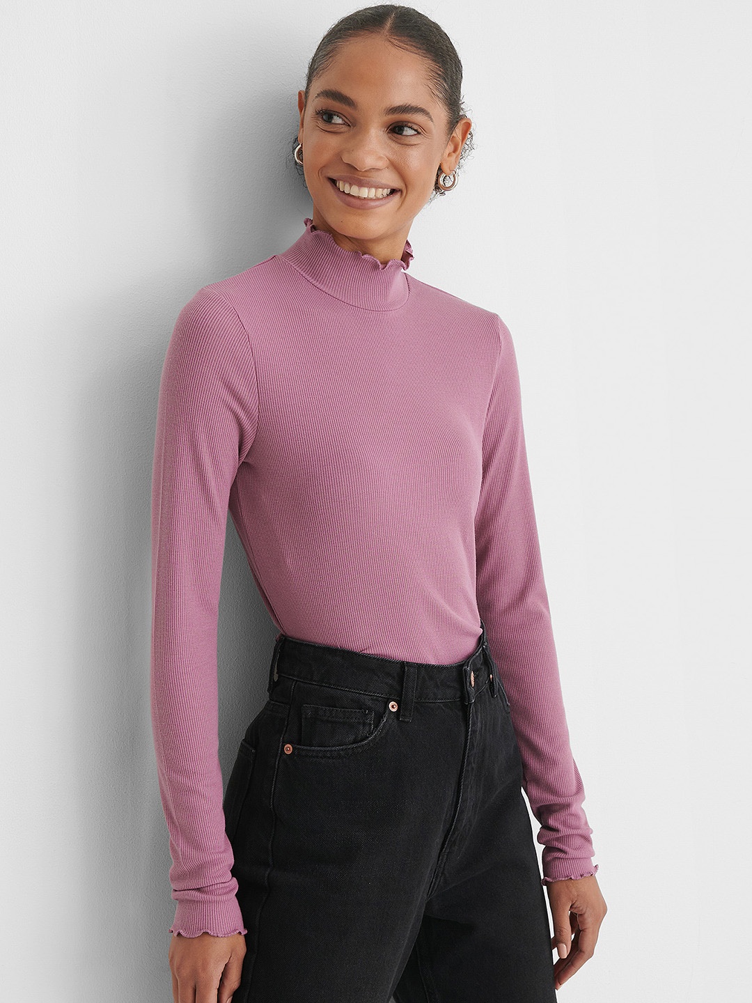 

NA-KD Women Purple Ribbed Fitted High Neck Top