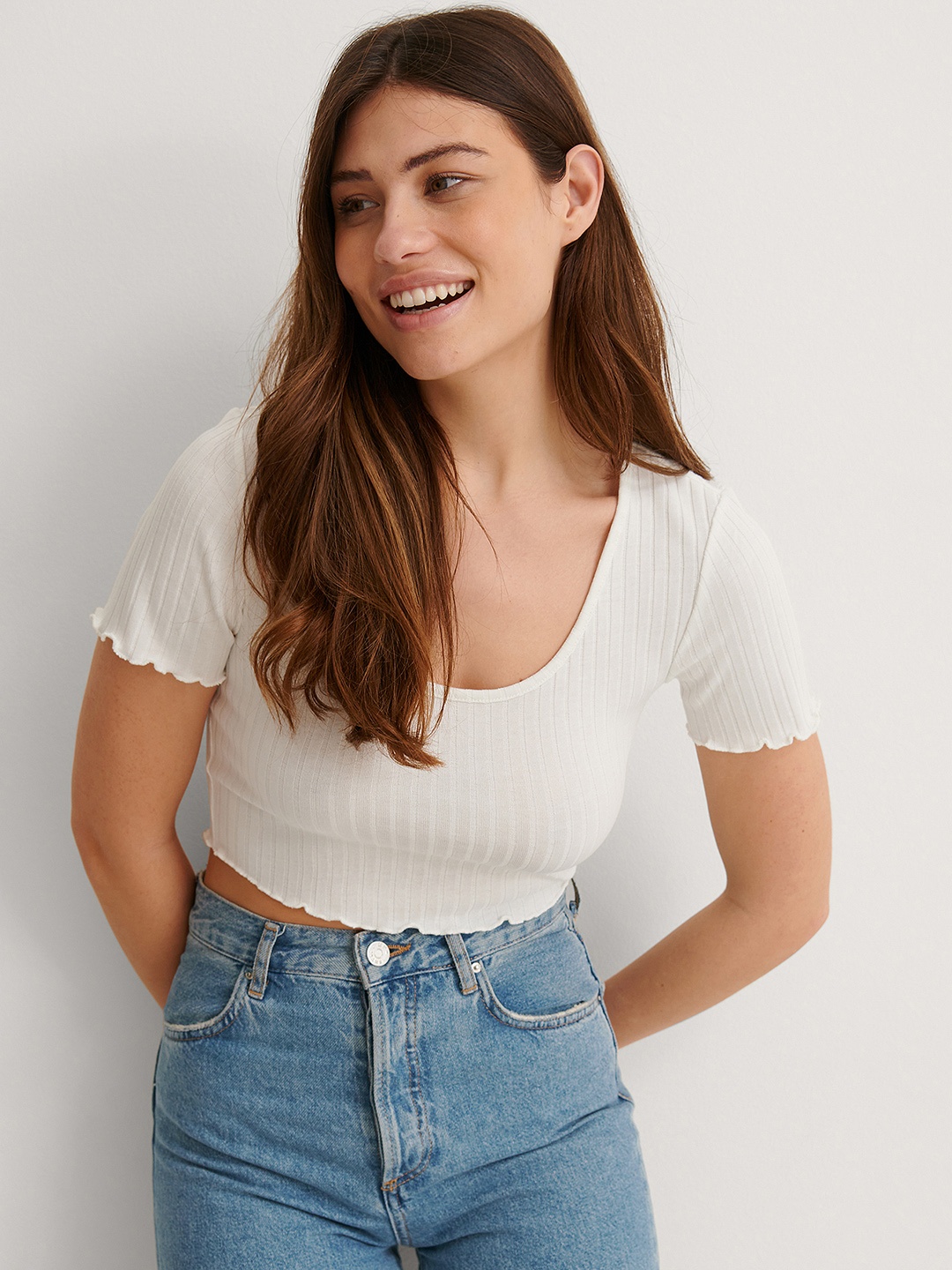 

NA-KD Women White Ribbed Fitted Top
