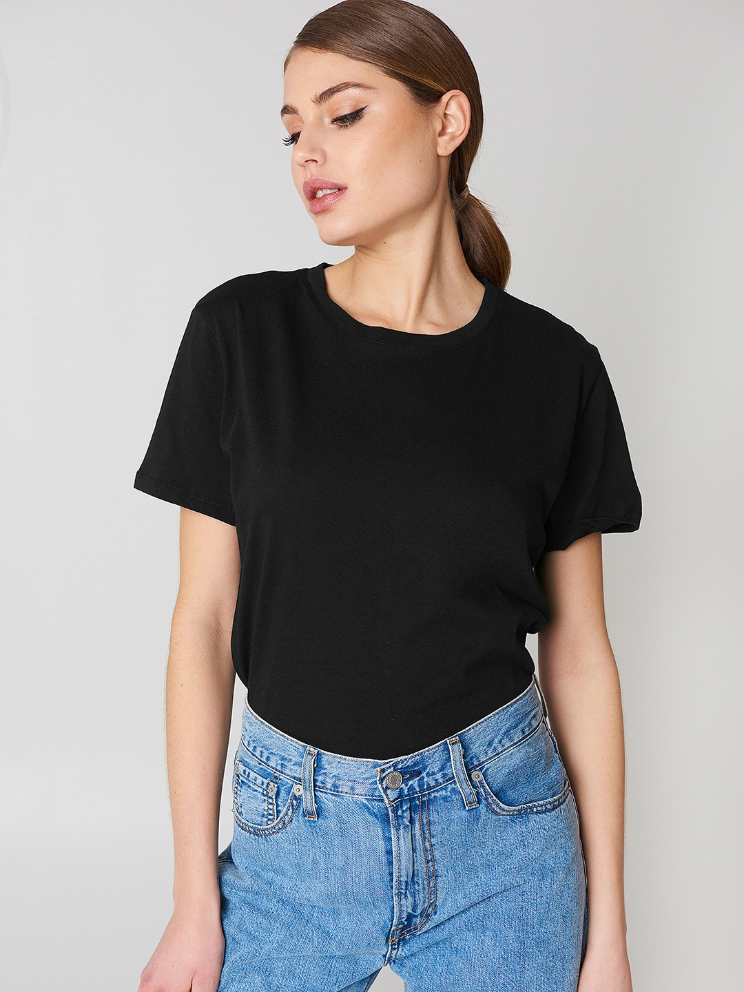 

NA-KD Women Black Solid Pure Cotton Loose T-shirt