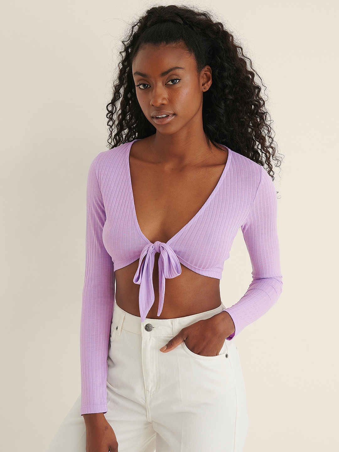 

NA-KD Lavender Self-Striped Tie-Up Crop Top