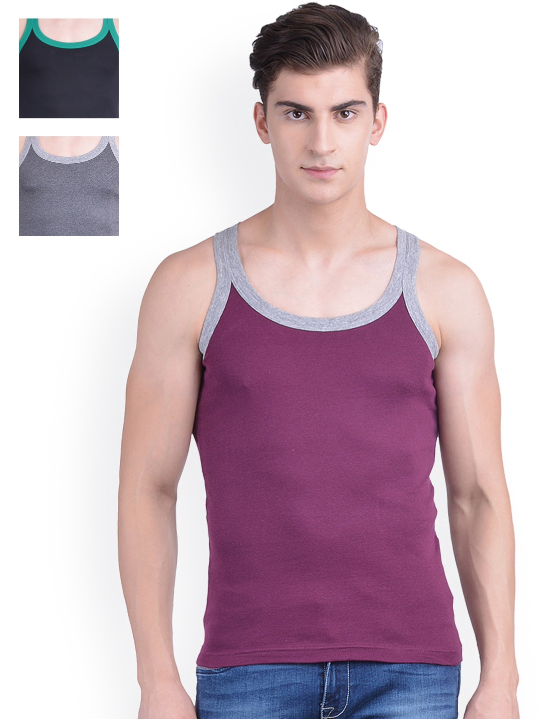 

Dollar Bigboss Men Solid Pack of 3 Premium Cotton Racerback Styled Gym Vest, Purple