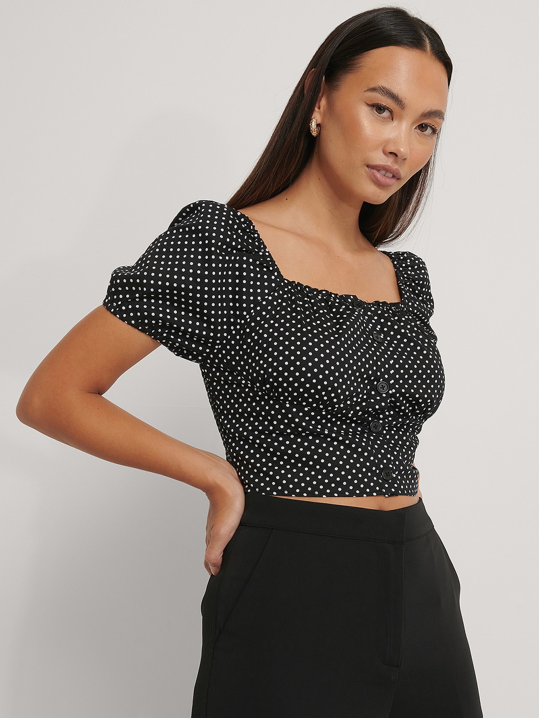 

NA-KD Women Black & White Polka Dots Pure Cotton Smocked Crop Top